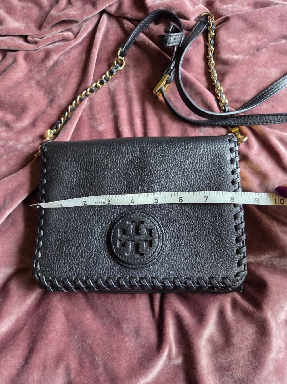 Tory Burch Marion Combo Crossbody Purse - Black Pebbled Leather Whipstitch - Picture 12 of 13